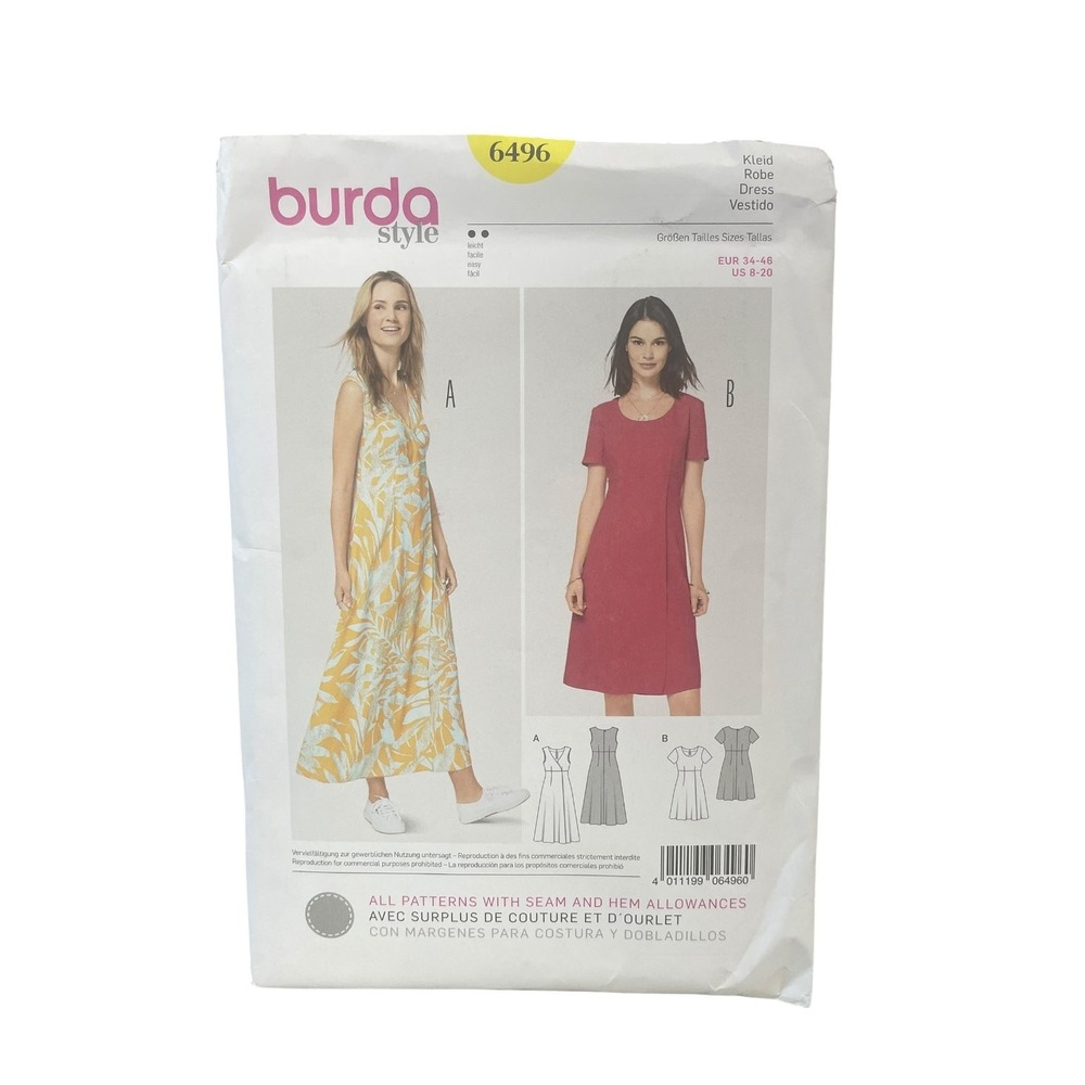 Burda Style Sewing Pattern 6496 Women US 8-20 Maxi Midi Dress Sleeveless V-Neck
